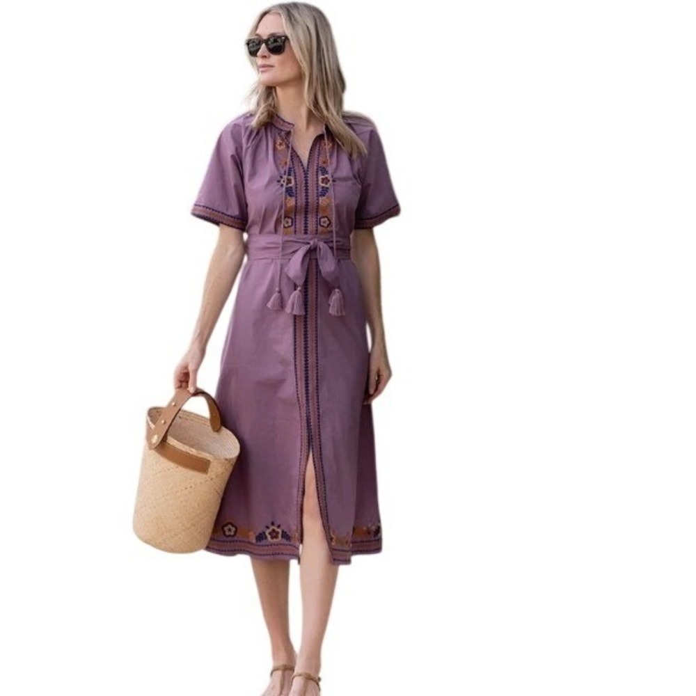 Julia Amory Daphne Coatue Mauve Purple Embroidered Cotton Midi Dress Sz M NWT